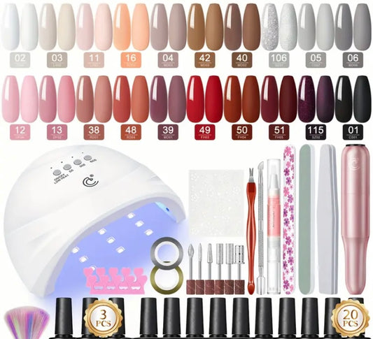 Peacecolor 20-Color Gel Polish Nail Kit with Lamp & Drill Machine - Complete DIY Manicure Set