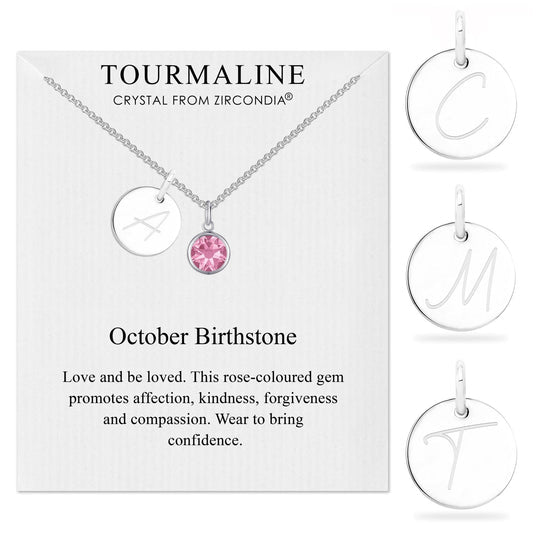 October (Tourmaline) Birthstone Necklace with Initial Charm (A to Z)