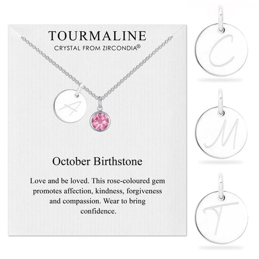 October (Tourmaline) Birthstone Necklace with Initial Charm (A to Z)