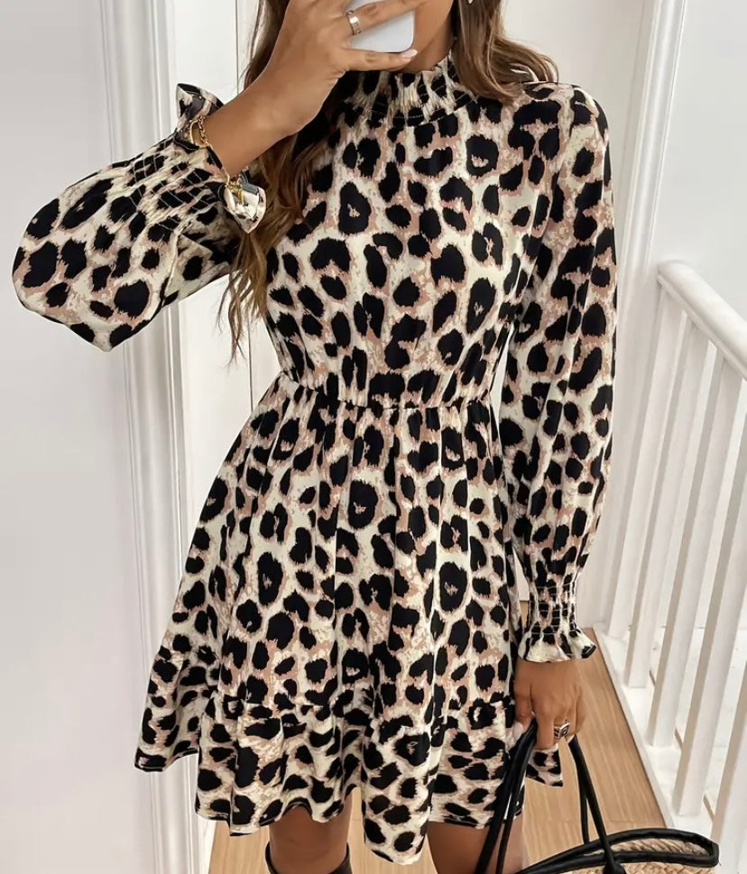 Women's Leopard Print Long Sleeve Mini Dress