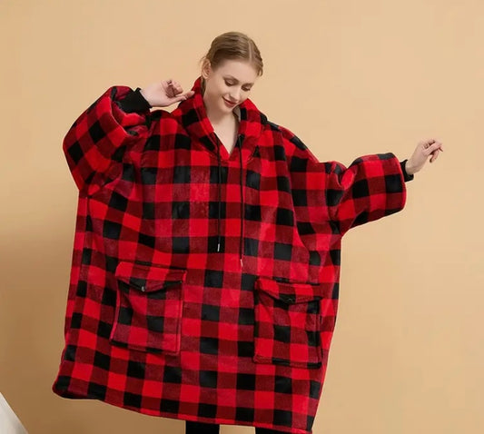 Ladies oversized red grid hoodie blanket