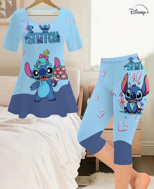 Womens Disney Stitch 3D Printed Fashion Short Sleeve And Three-Quarter Pants Set