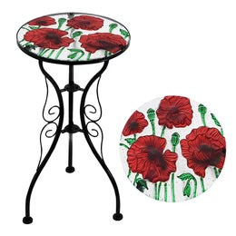 Round Side Mosaic Garden Table With Poppies Design