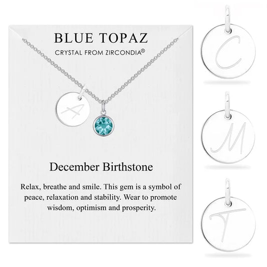 December (Blue Topaz) Birthstone Necklace with Initial Charm (A to Z)