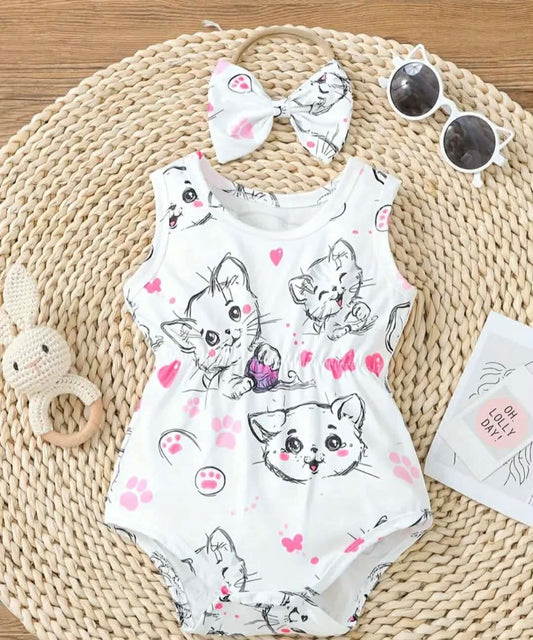 Cute Cat Print Girls' Romper with Headband