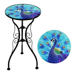 Round Side Mosaic Garden Table With Blue Peacock Design