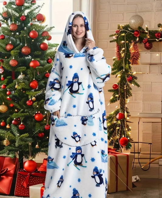 Oversized Soft Cozy Plus Size Penguin Print Hoodie - Wearable Blanket with Long Sleeves & Kangaroo Pocket