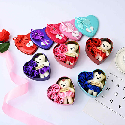 Cute Teddy Bear and Rose Flowers in Heart Shaped Tin (various colours)