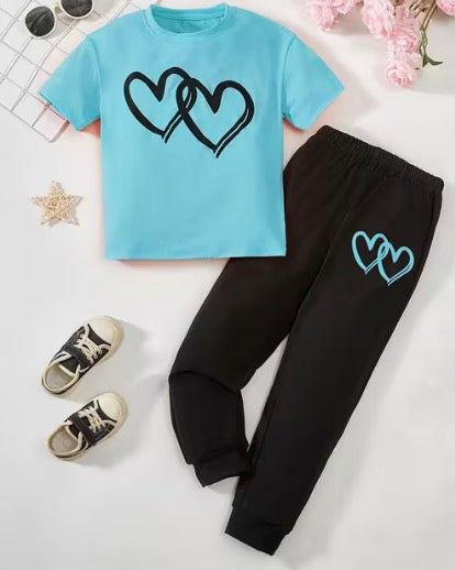 Girls 2pcs Set Heart Print T-Shirt with Heart Print Pants