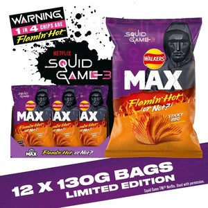 Walkers Max Flaming Hot Chips Squid Game Play 12x130G Limited Edition Flavour