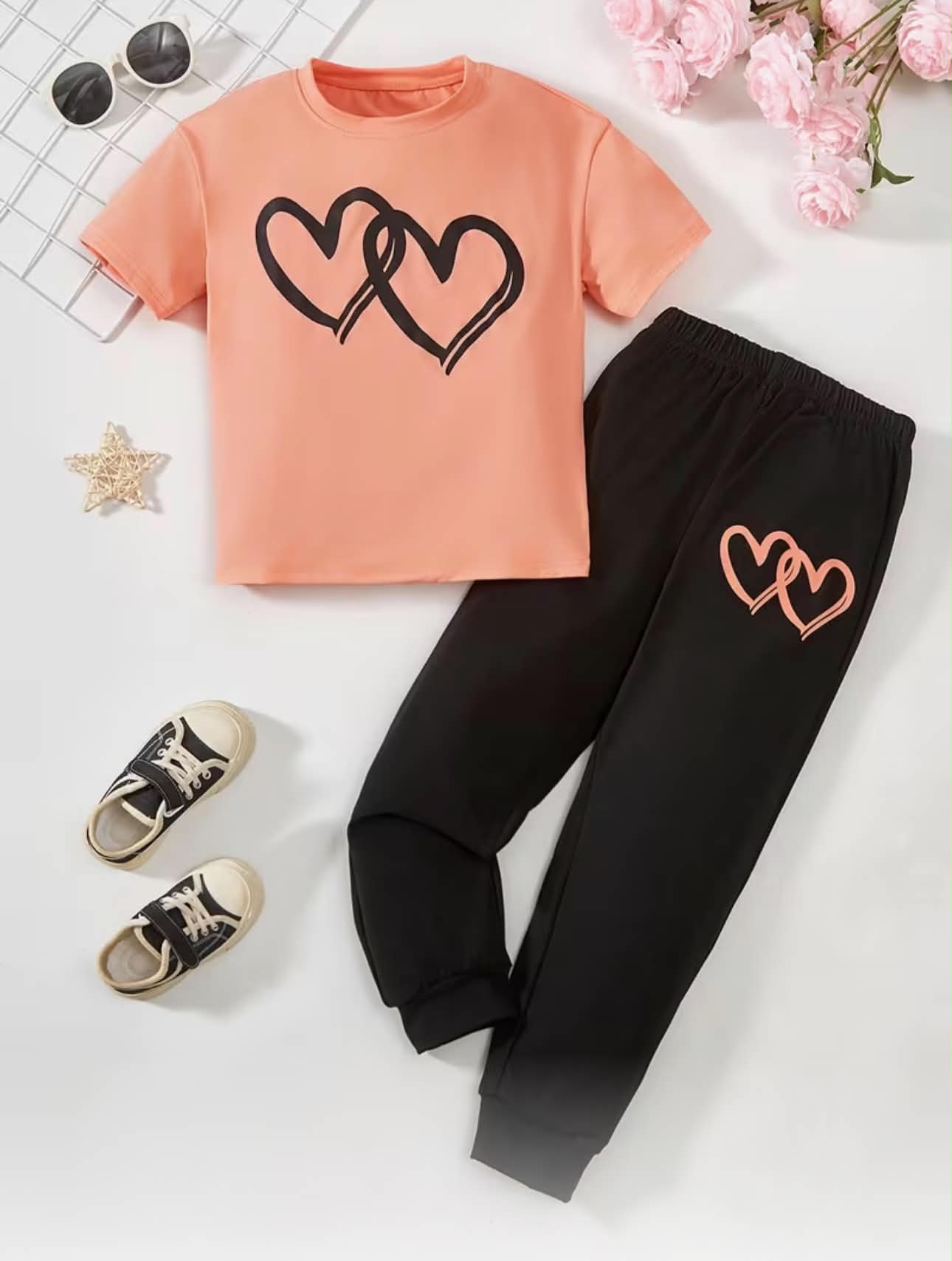 Girls 2pcs Set Heart Print T-Shirt with Heart Print Pants