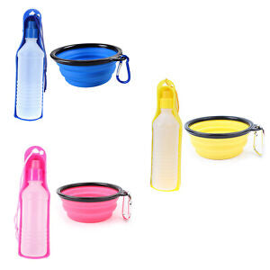 Pet Water Bottle & Collapsible Bowl Bundle 3 Colours Dog Cat Outdoor Portable