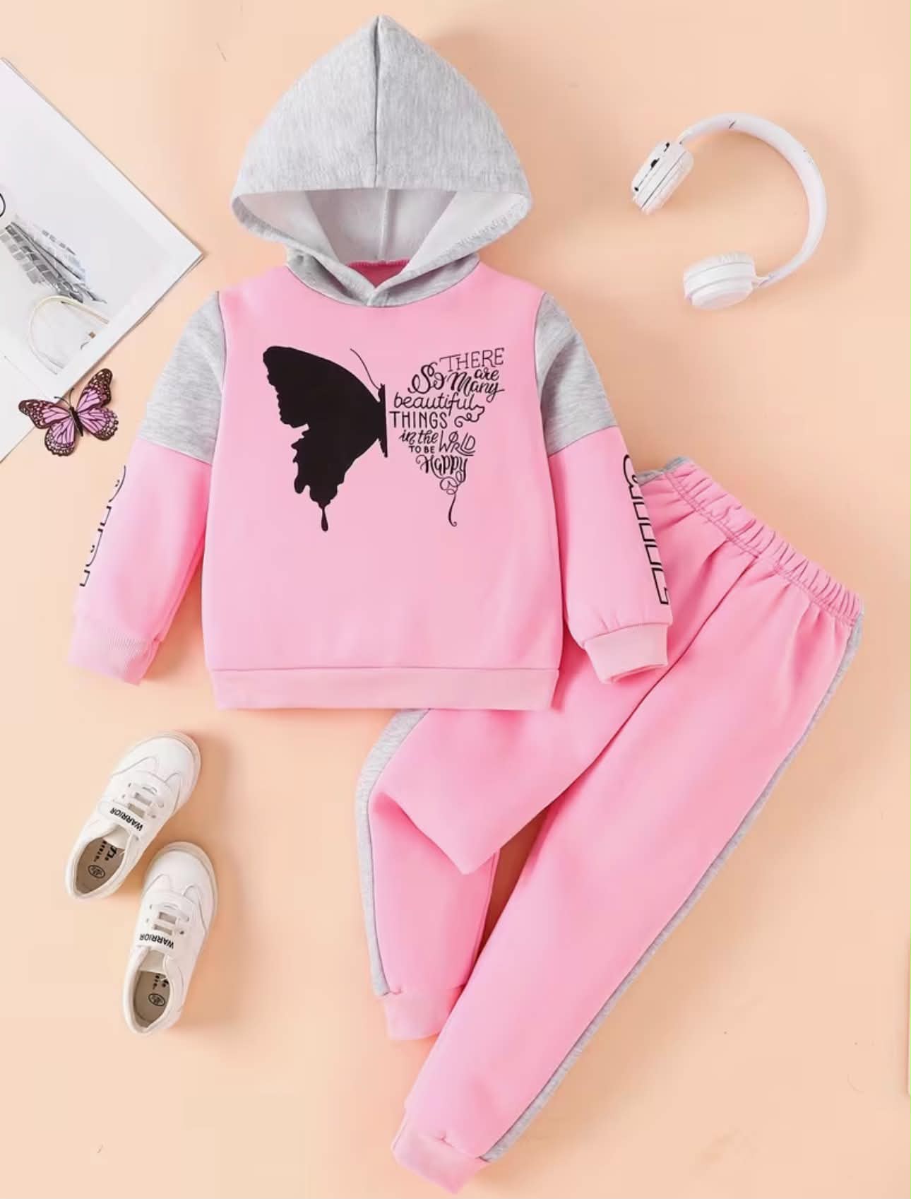 Autumn Color-Block Hooded Sweatshirt & Joggers Butterfly Print
