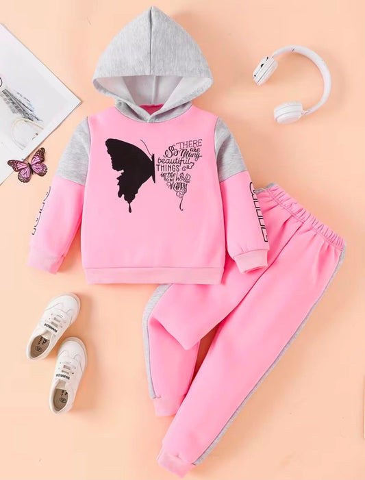Autumn Color-Block Hooded Sweatshirt & Joggers Butterfly Print