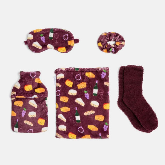 Cheese & Wine Print Hot Water Bottle Gift Set - Burgundy