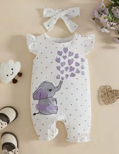 Fly-sleeve Cute Elephant Heart Print Bodysuit with Headscarf