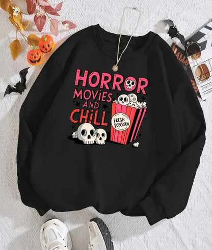 Plus Size Horror Movies and Chill Print Crew Neck Sweatshirt