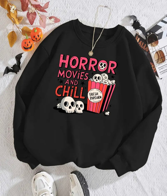 Plus Size Horror Movies and Chill Print Crew Neck Sweatshirt