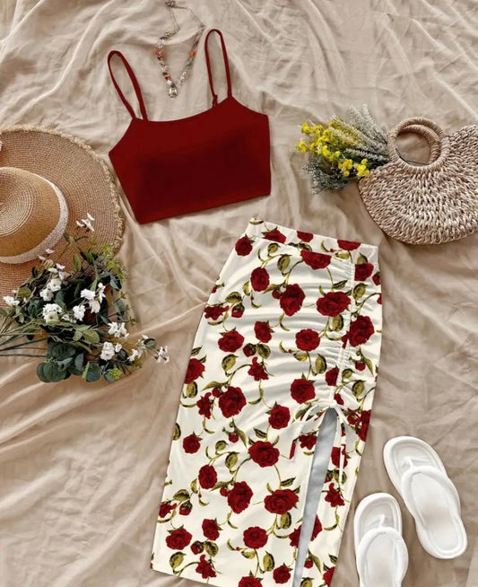 Women's 2pcs set, summer solid color tank top and floral printed side slit midi skirt set