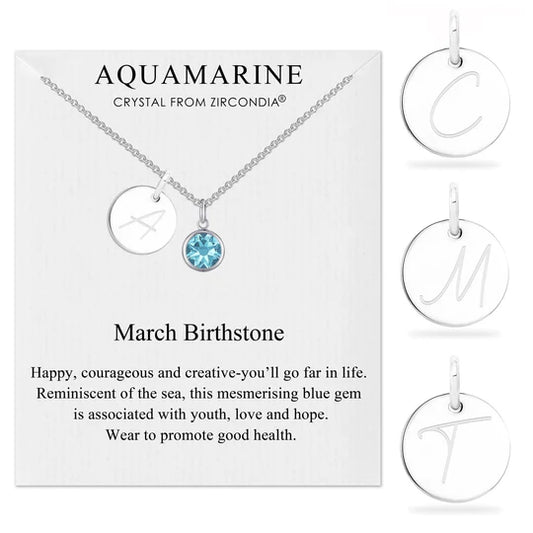 March (Aquamarine) Birthstone Necklace with Initial Charm (A to Z)