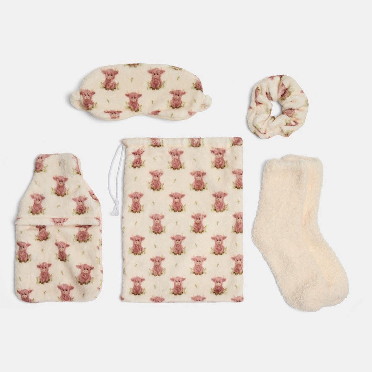 Harry The Highland Cow Print Hot Water Bottle Gift Set - Natural