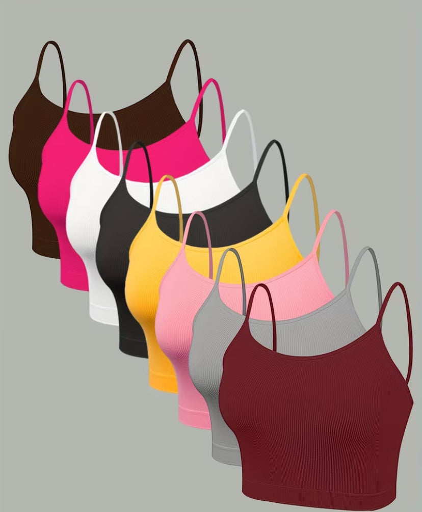 8pcs Women’s Sleeveless Off-Shoulder Stretchy Camisole Bra & Seamless Elegant Side Stripe Casual Sports Bra