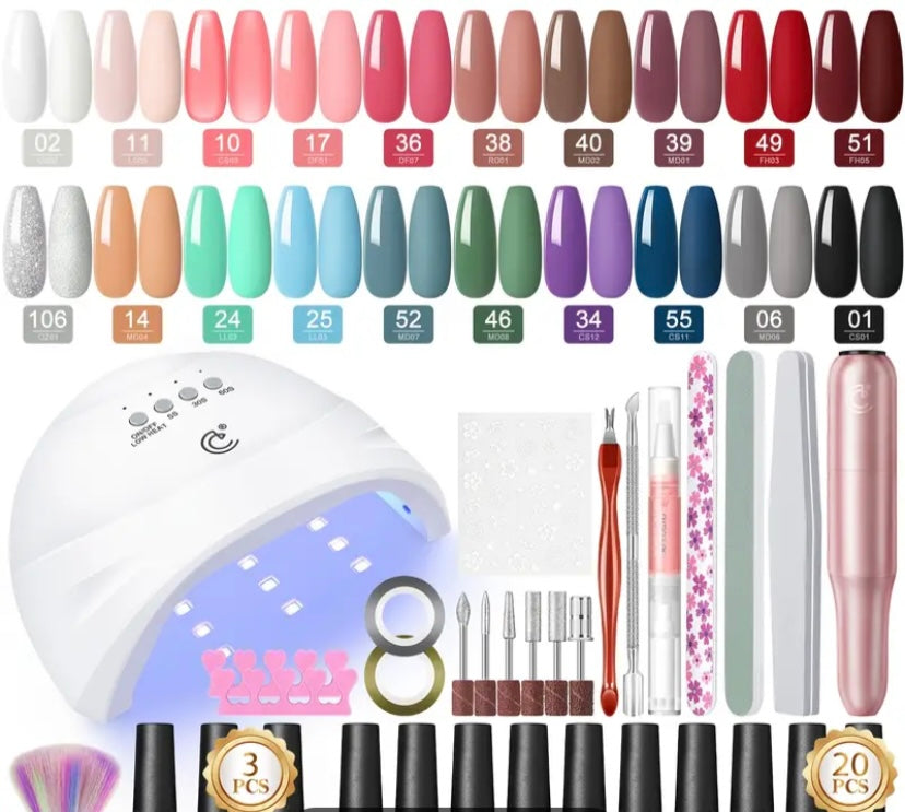 Peacecolor 20-Color Gel Polish Nail Kit with Lamp & Drill Machine - Complete DIY Manicure Set