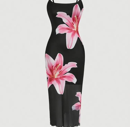 Women'S Elegant Floral Print Halter Neck Dress - Black with Pink Lilies, Sleeveless Summer Dress