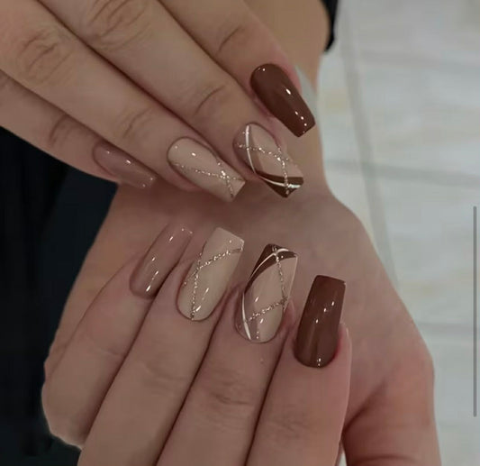 Retro Fine Glitter Checkered Milk Brown Press On Nails