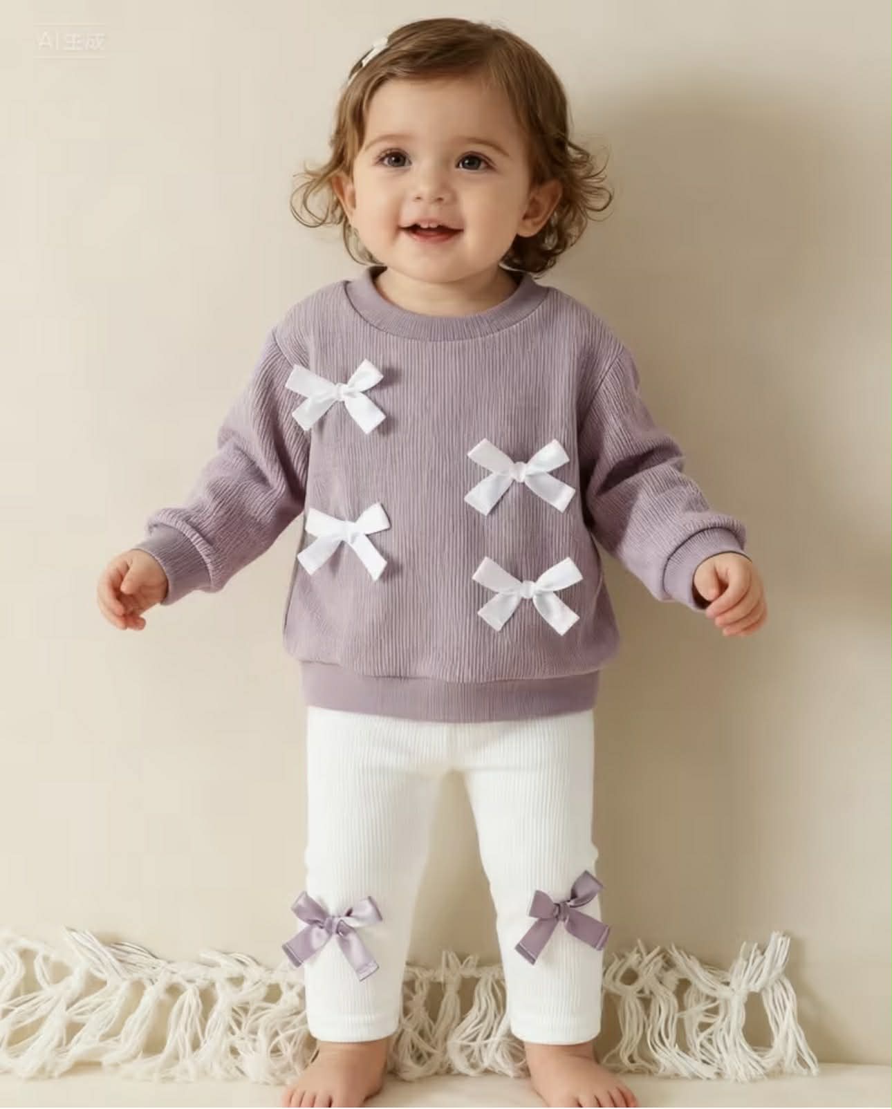 Baby Girl Long-Sleeved Cute Bow Top + Pants 2pcs Set
