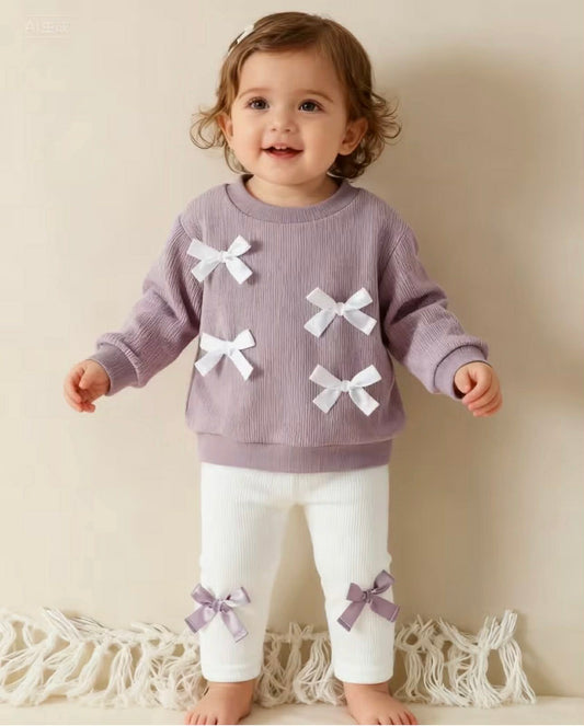 Baby Girl Long-Sleeved Cute Bow Top + Pants 2pcs Set