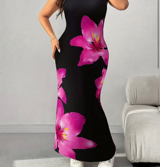 Plus Size Women's Floral Print Mermaid Dress - Elegant Thin Strapless/One-Shoulder