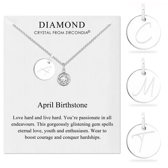 April (Diamond) Birthstone Necklace with Initial Charm (A to Z)