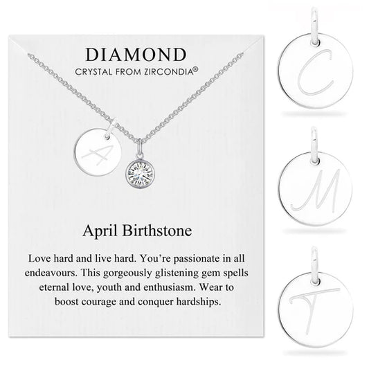April (Diamond) Birthstone Necklace with Initial Charm (A to Z)