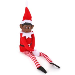 Elves Behavin’ Badly 12 Inch Elfie Boy Christmas Shelf Elf – Dark Skin Tone Naughty Elf Decoration (Red & White)