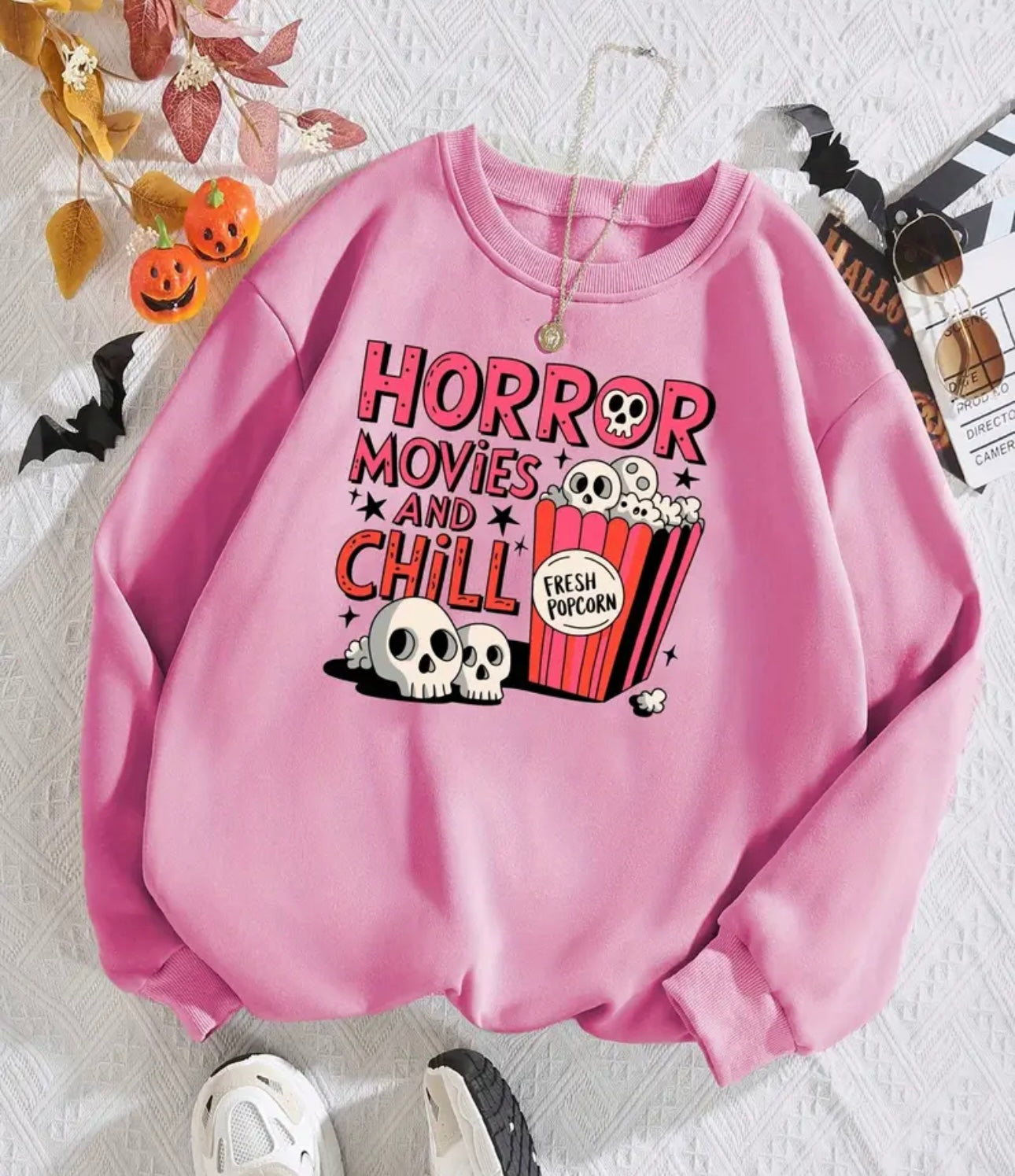 Plus Size Horror Movies and Chill Print Crew Neck Sweatshirt