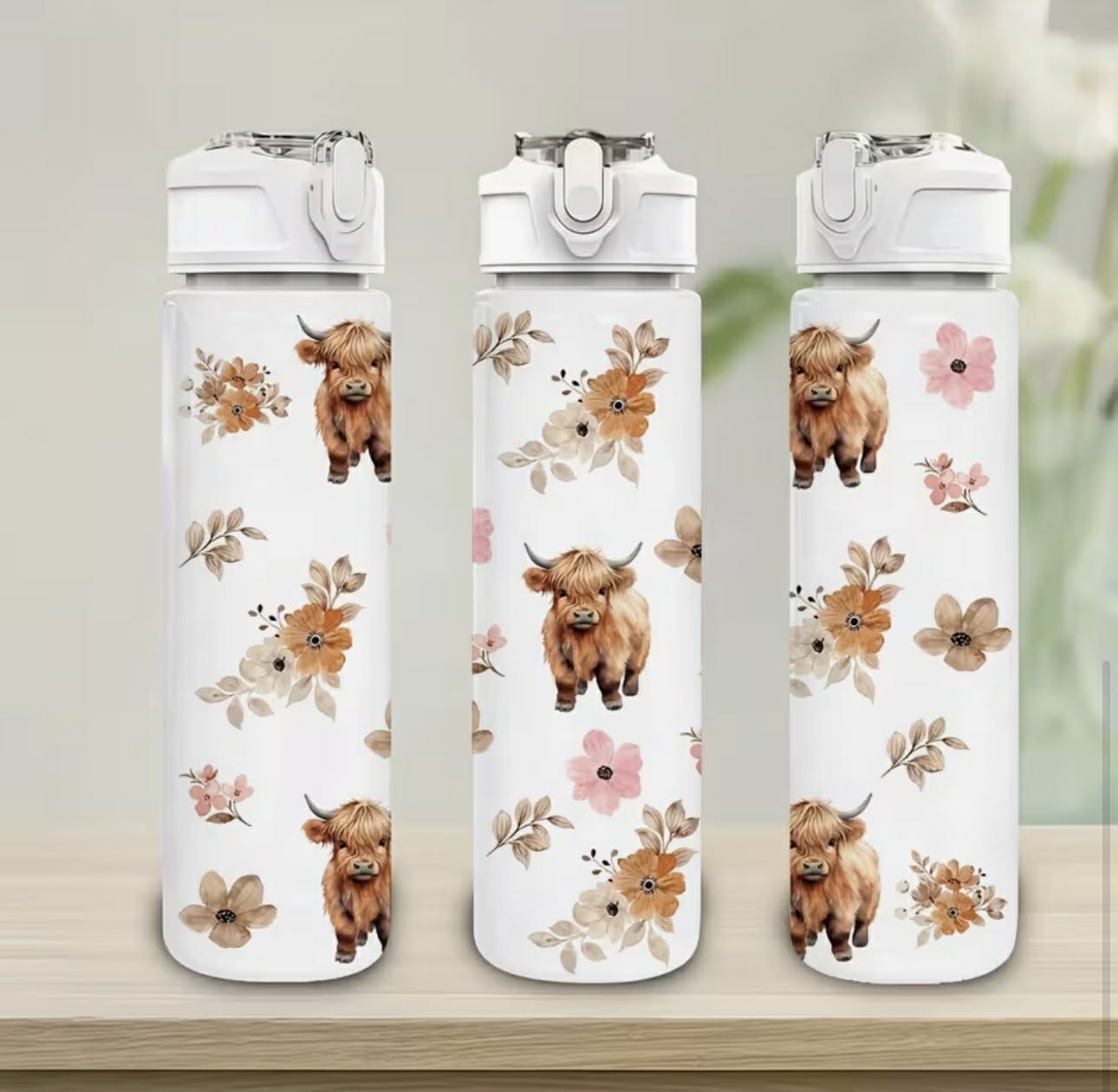 Highland Cow Floral Print Water Bottle
