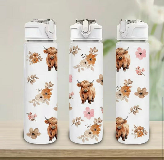 Highland Cow Floral Print Water Bottle
