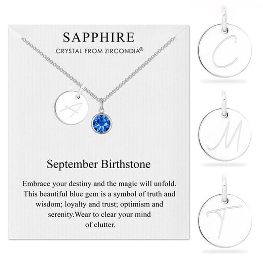 September (Sapphire) Birthstone Necklace with Initial Charm (A to Z)