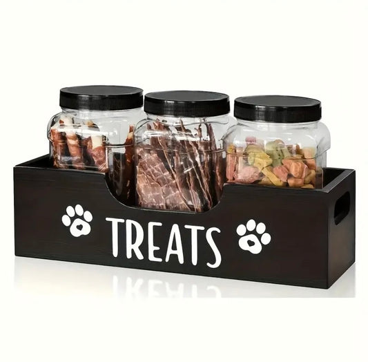 Wooden pet treat holder & air tight plastic tubs