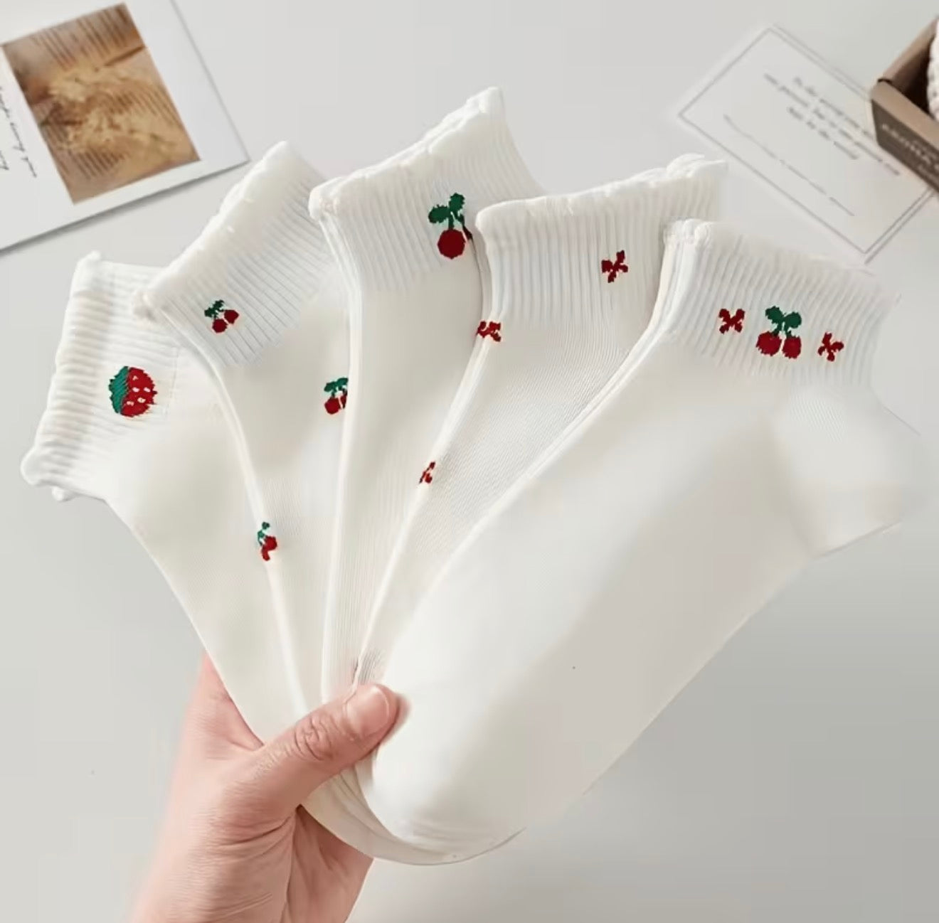5 Pairs of White Fruit Socks