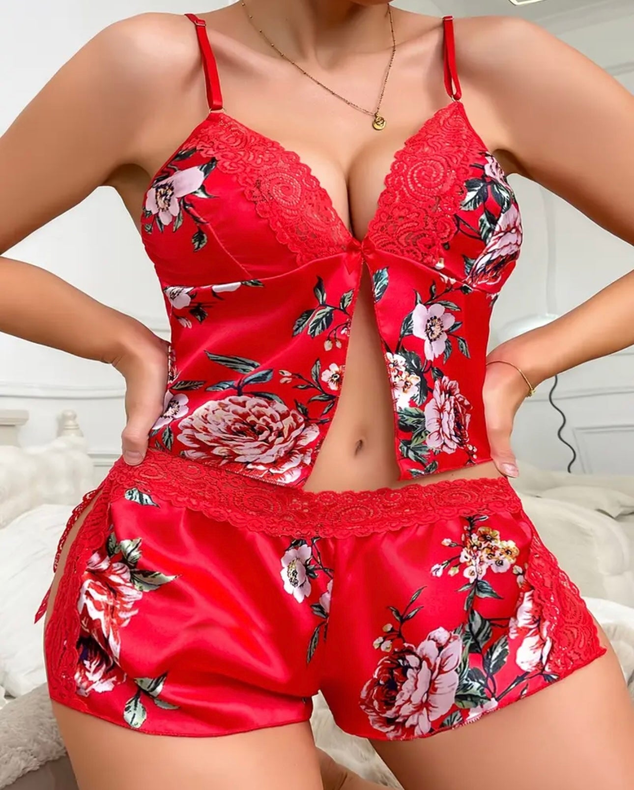 Plus Size Floral Print Lace-Trimmed Sleepwear Set with Split