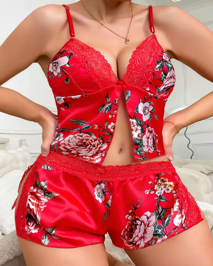 Plus Size Floral Print Lace-Trimmed Sleepwear Set with Split