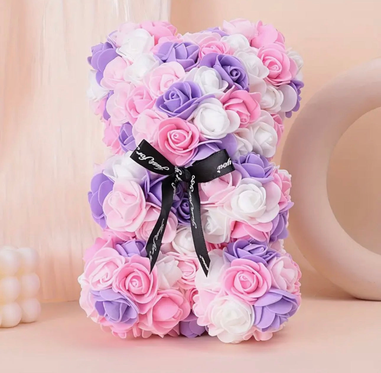Realistic Rose Bear Stuffed with Foam Flowers