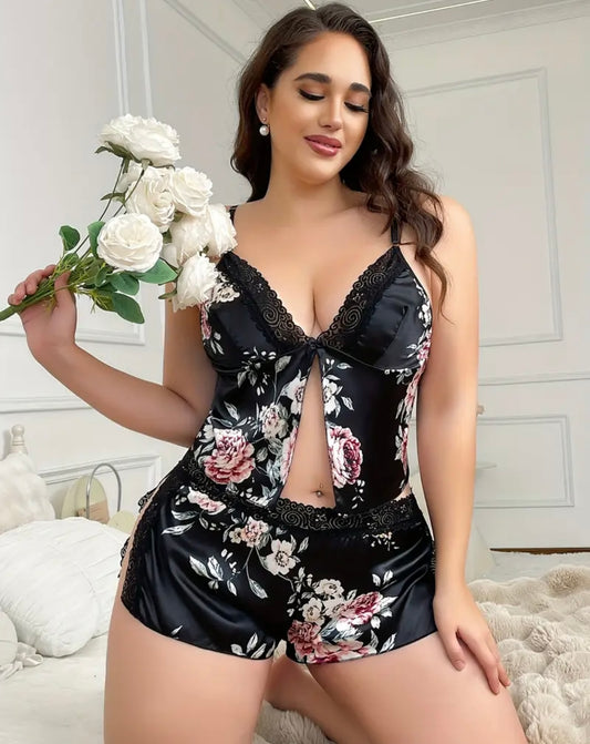 Plus Size Floral Print Lace-Trimmed Sleepwear Set with Split