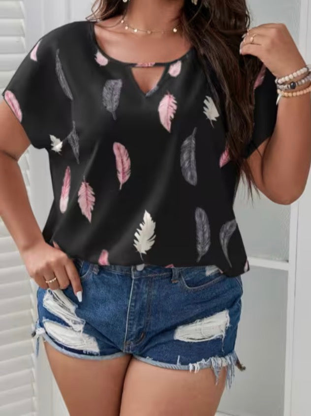 Plus Size Women's Elegant Black Print V-Neck T-Shirt