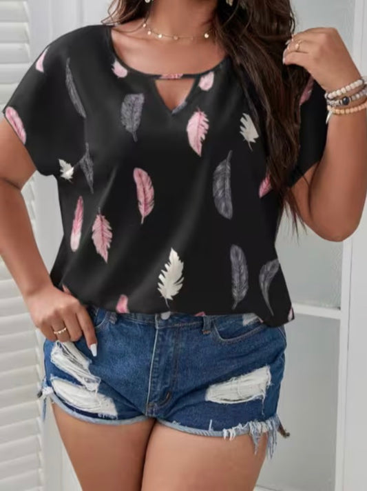 Plus Size Women's Elegant Black Print V-Neck T-Shirt