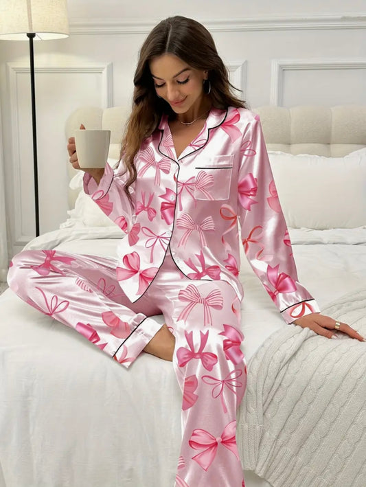 Stylish Bow Print Women's Long Sleeve Long Pants pyjama Set