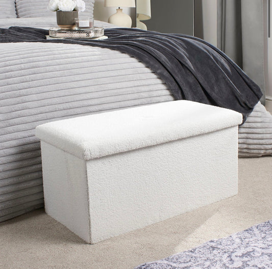Bouclé Foldable Rectangle Storage Ottoman - White