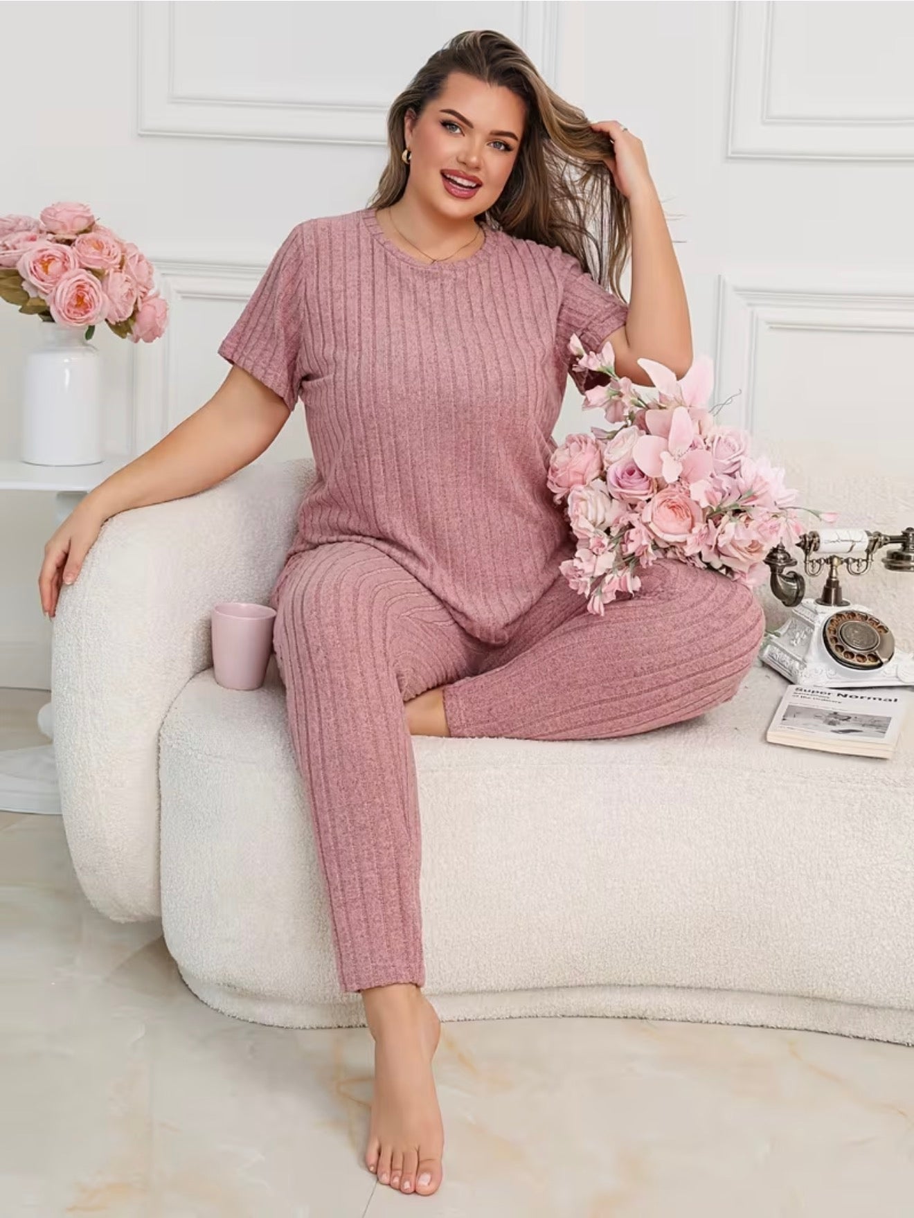 Plus Size French Ribbed Solid Home Wear Set